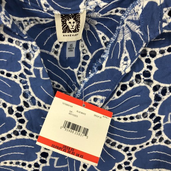 Anne Klein Top Size XS Womens Blue White Floral Eyelet Embroidered Cotton Tank T - Picture 5 of 9